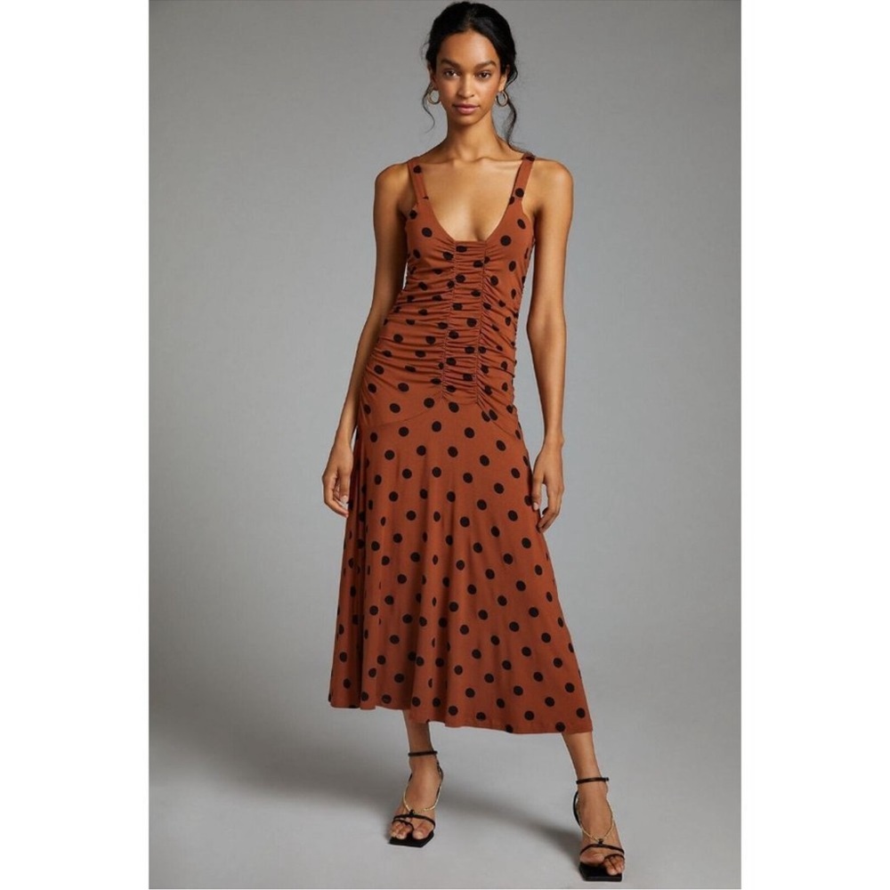 By Anthropologie Ruched Polka Dot Gathered Midi Dress Brown Plus Size L - Picture 4 of 13